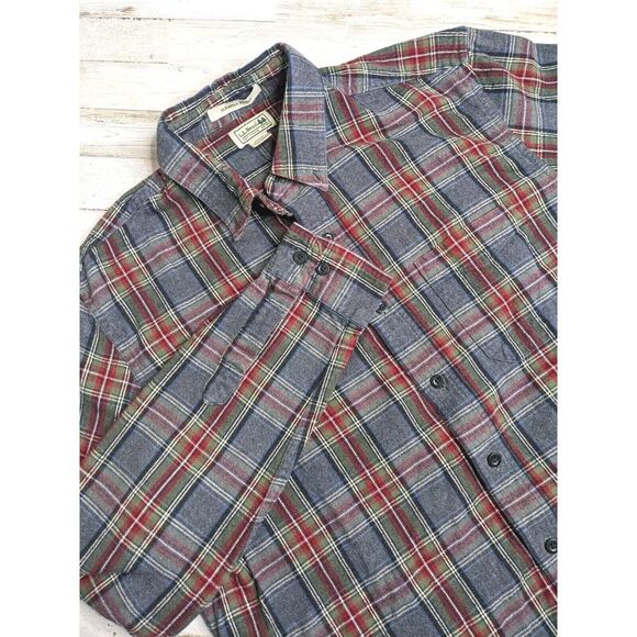 LL‎ Bean Scotch Plaid Flannel Shirt Slightly Fitted Men's Large Tall Gray Red - Picture 1 of 9